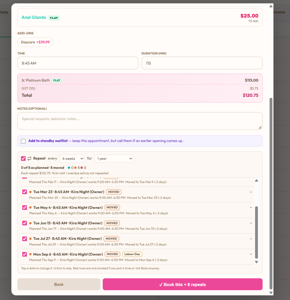 Booking a groom to repeat every 6 weeks for a year in BooknBuddy: eight dates listed, each moved to a day the groomer works, with a Labour Day date flagged.