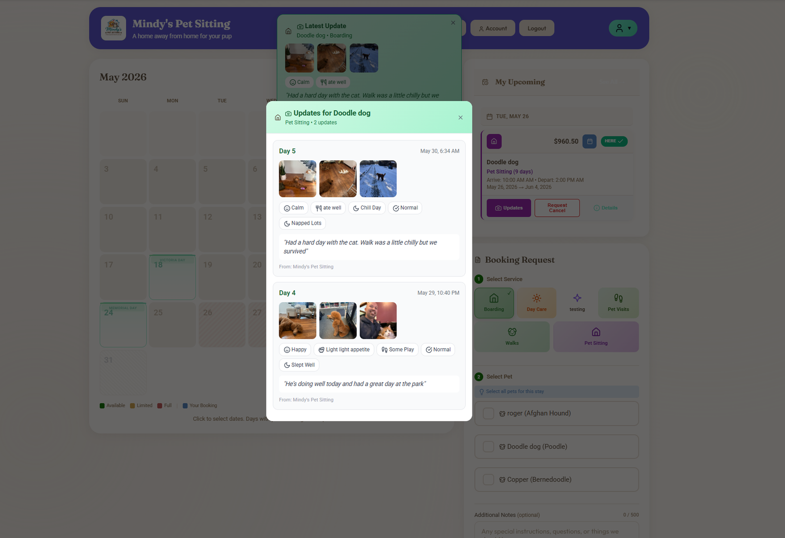 Customer desktop dashboard with an Updates for Doodle dog modal showing Day 5 with three photos and chips Calm Ate Well Chill Day Normal Napped Lots, and Day 4 with three photos and chips Happy Light Appetite Some Play Normal Slept Well, each with the sitter's customer-facing note underneath