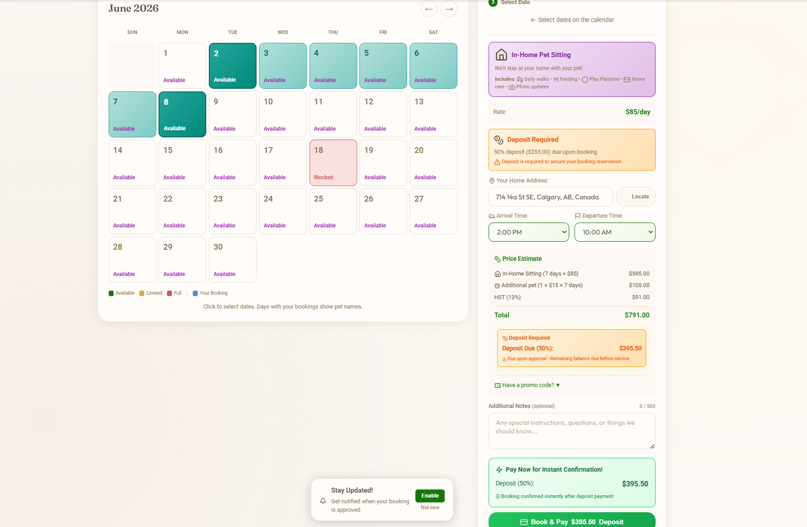 Customer In-Home Pet Sitting booking with a June calendar showing multi-day selection, arrival and departure time pickers, an itemised price estimate showing 8 days at $85, additional pet fee, total $791, deposit required and a Pay Now for Instant Confirmation button