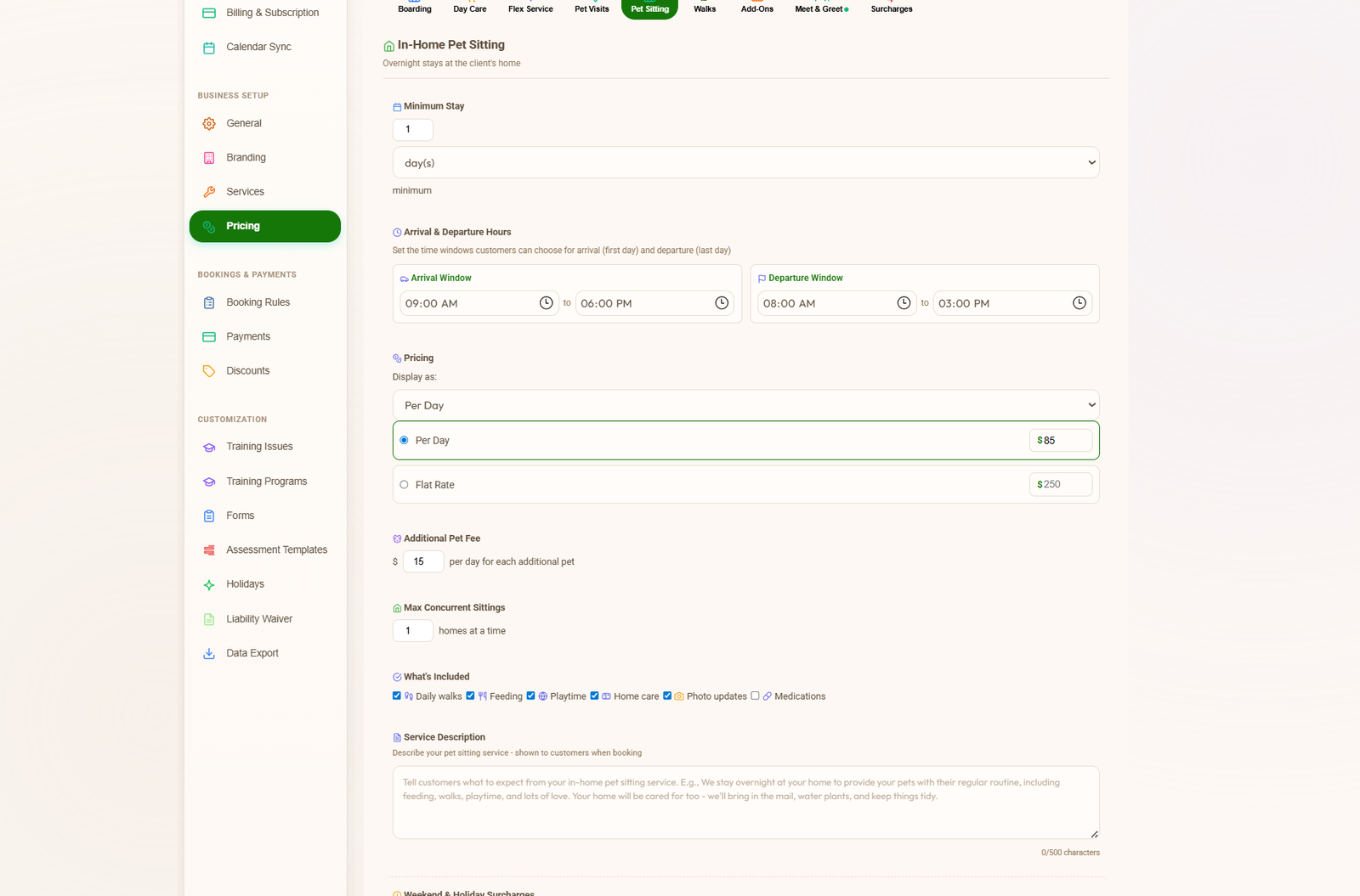 Admin Pricing screen for In-Home Pet Sitting with minimum stay, arrival and departure window pickers, Per Day pricing of $85 selected with a Flat Rate alternative, additional pet fee, max concurrent sittings, and a What's Included checklist with daily walks, feeding, playtime, in-home care, photo updates and medications