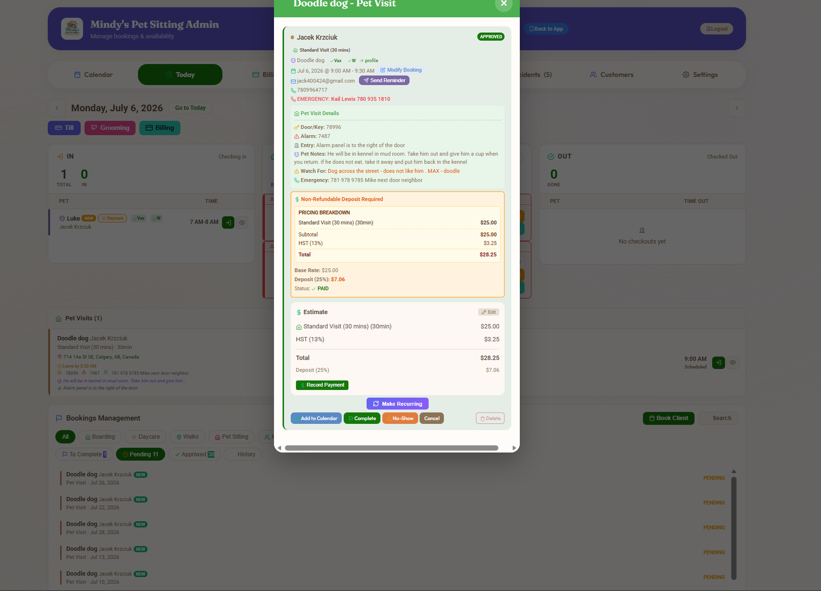 Admin desktop Today view with a pet visit booking modal open showing the booking detail for Doodle dog Pet Visit with full pricing breakdown, address, time slot and action buttons for Save Edits, Complete, No Show and Cancel