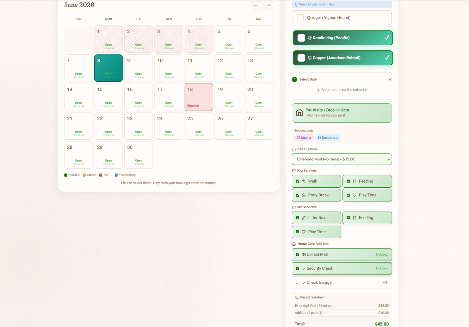 Customer drop-in visit booking with a June calendar of available dates, two pets selected (a dog and a cat), Pet Visits service tile, Extended Visit 45 min duration, separate Dog Services / Cat Services / Home Services checklists with tasks ticked, and a price total of $45