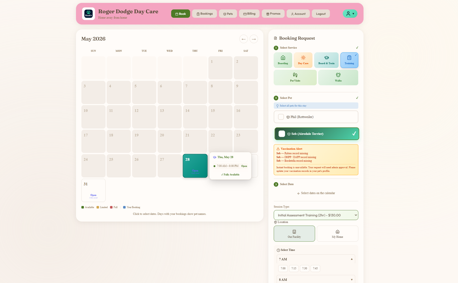 Customer training booking view at Roger Dodge Day Care — service grid with Training selected, pet picker, session type dropdown, location toggle between Our Facility and In-Home, and the month availability calendar
