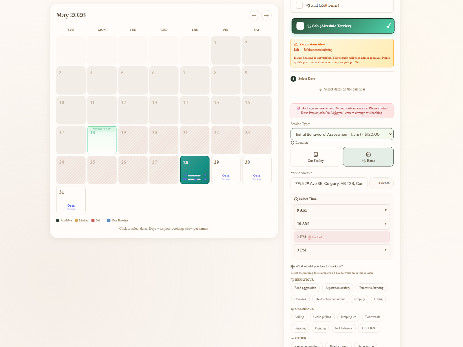 Customer booking flow on the Location step showing the Our Facility / In-Home toggle with In-Home selected, an address input filled in, the available time slots, and the goal chips below for what needs to be worked on