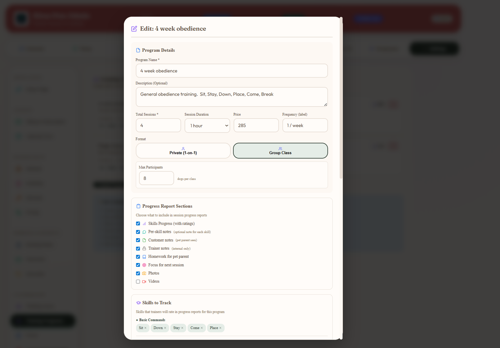 Edit Training Program modal for 4 week obedience showing program name, description, total sessions, session duration, price, frequency, format toggle Private versus Group Class with max participants, progress report sections checklist, and skills to track with Basic Commands listed