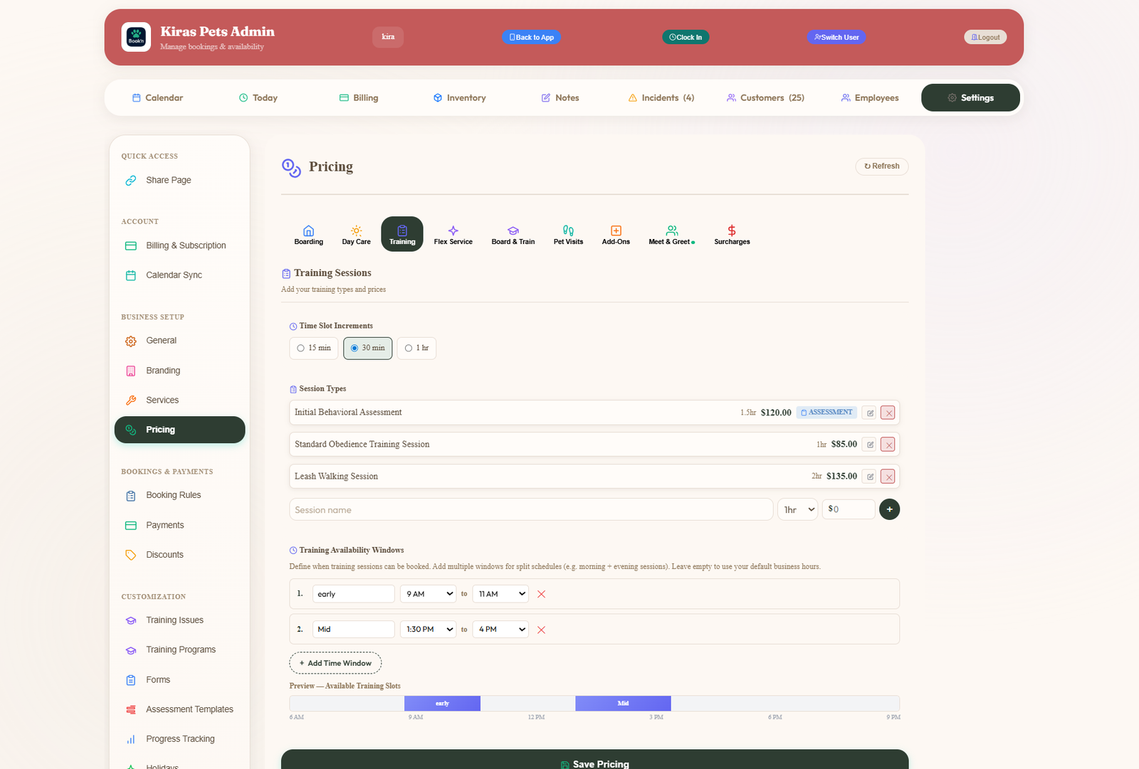 Admin Pricing Training tab showing slot-duration increments and a Session Types list with Initial Behavioral Assessment $130, Standard Obedience Training Session $85 and Leash Walking Session $150, plus Training Availability Windows grid for each day