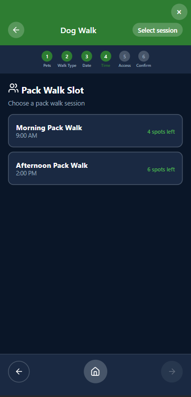 Customer booking wizard on a phone at the Time step, showing Morning Pack Walk and Afternoon Pack Walk with the spots remaining in each