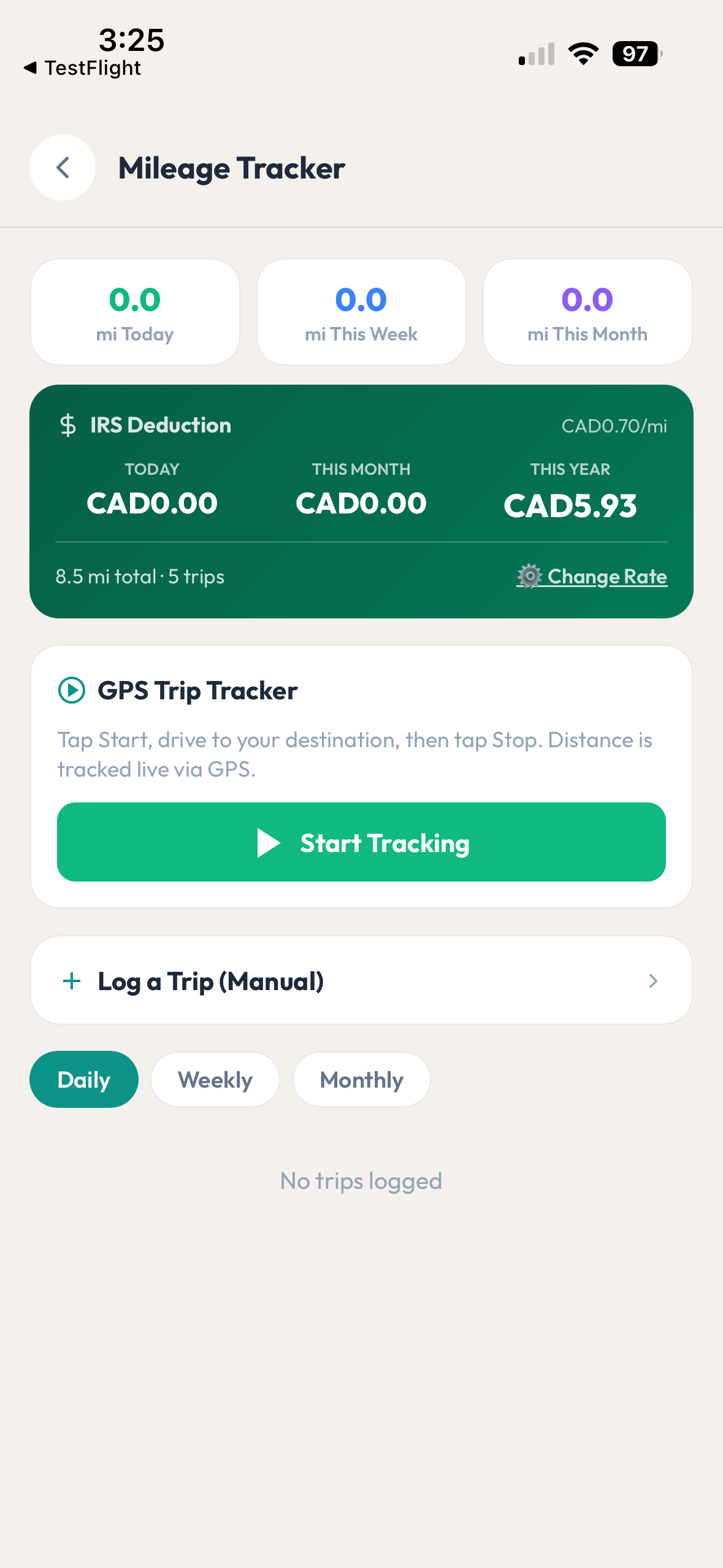 Mileage Tracker screen: miles today, this week and this month, a deduction card at 0.70 per mile with today, month and year totals over five trips, a GPS trip tracker with a Start Tracking button, a manual Log a Trip option, and daily, weekly and monthly tabs