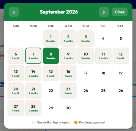 Month overview calendar for September showing how many walks are built on each day, four or five walks a day through the working week, with a legend for days with walks and days pending approval