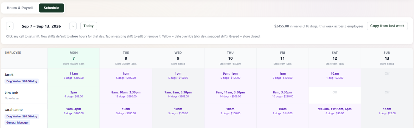 Schedule tab, week of Sep 7 to 13: a grid of walkers by day where each cell lists the walk start times, the number of dogs and the pay for that day, with store hours under each date, a weekly total of $2,455 in walks across 3 employees, and a Copy from last week button
