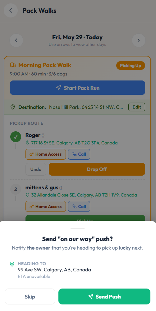 Bottom sheet on the walker's phone asking whether to send an on-my-way push to the next owner, naming the dog and the address, with Skip and Send Push buttons