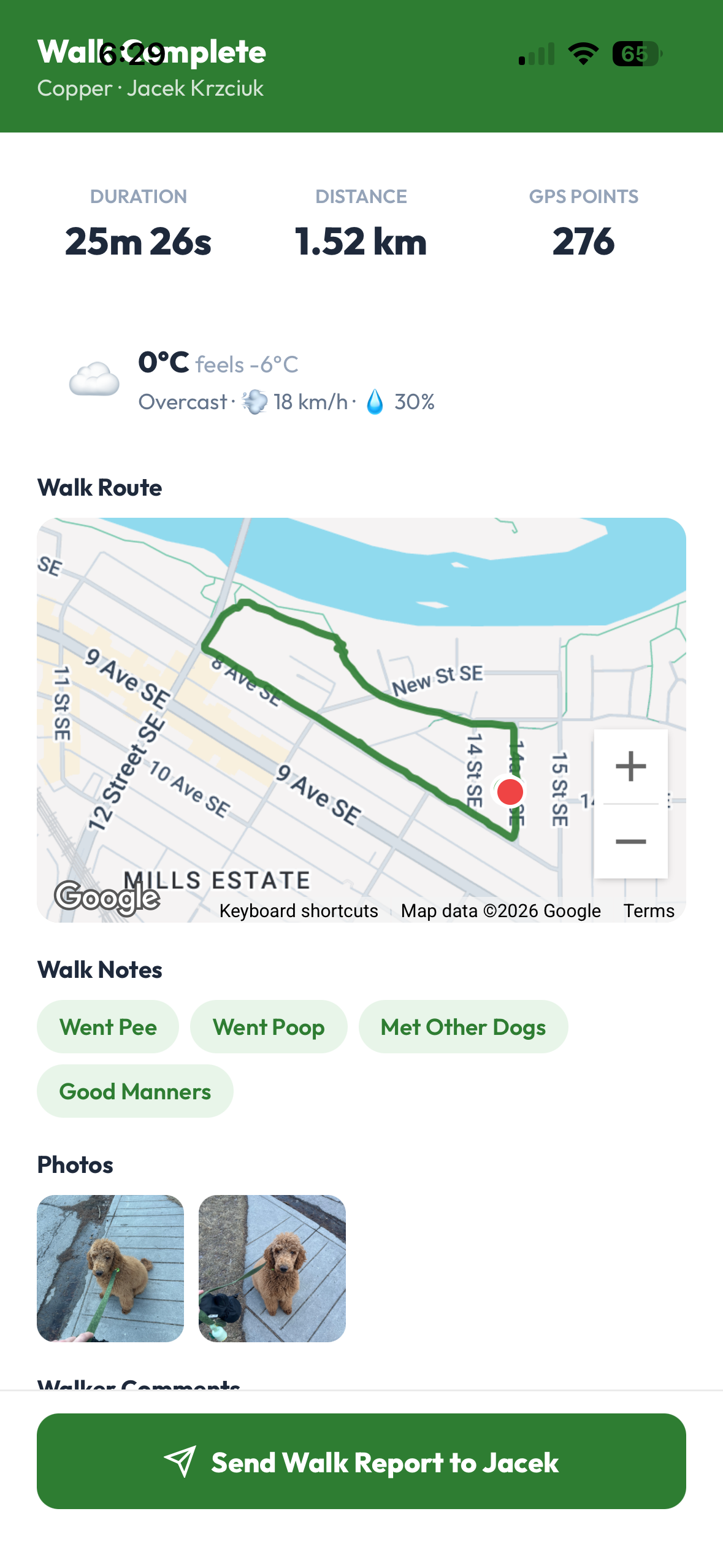 Walker's Walk Complete screen showing duration, distance, GPS points, the weather, a route map, walk-note chips such as Went Pee and Met Other Dogs, two photos and a Send Walk Report button